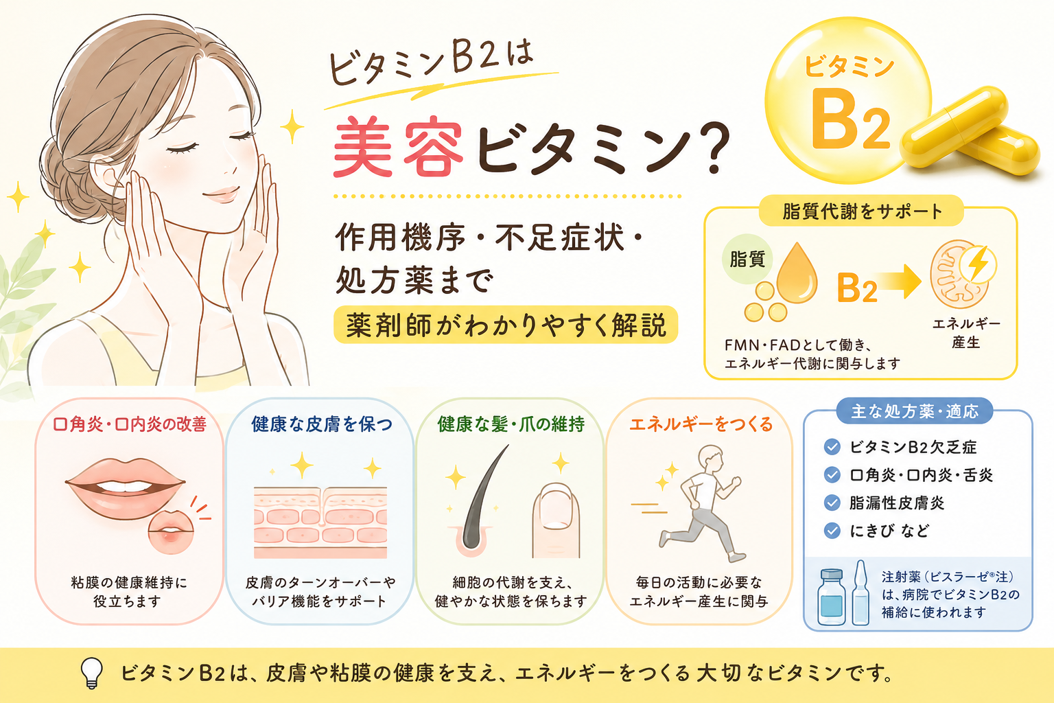 ビタミンB2（リボフラビン）の効果とは？肌や口内炎によい理由・多い食品・医薬品まで薬剤師が解説