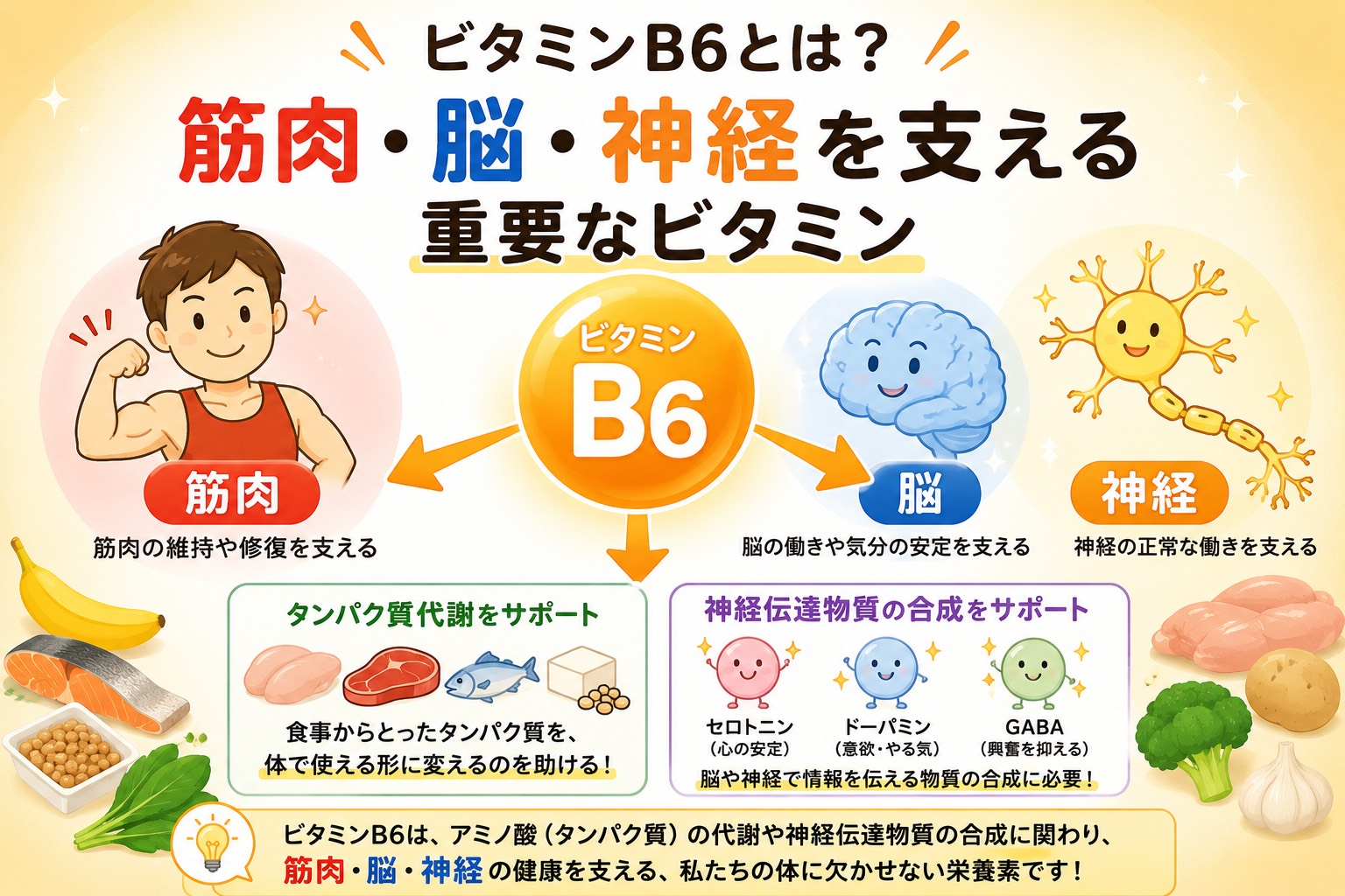 ビタミンB6とは?筋肉・脳・神経への働きや多く含む食品、医薬品まで薬剤師が解説